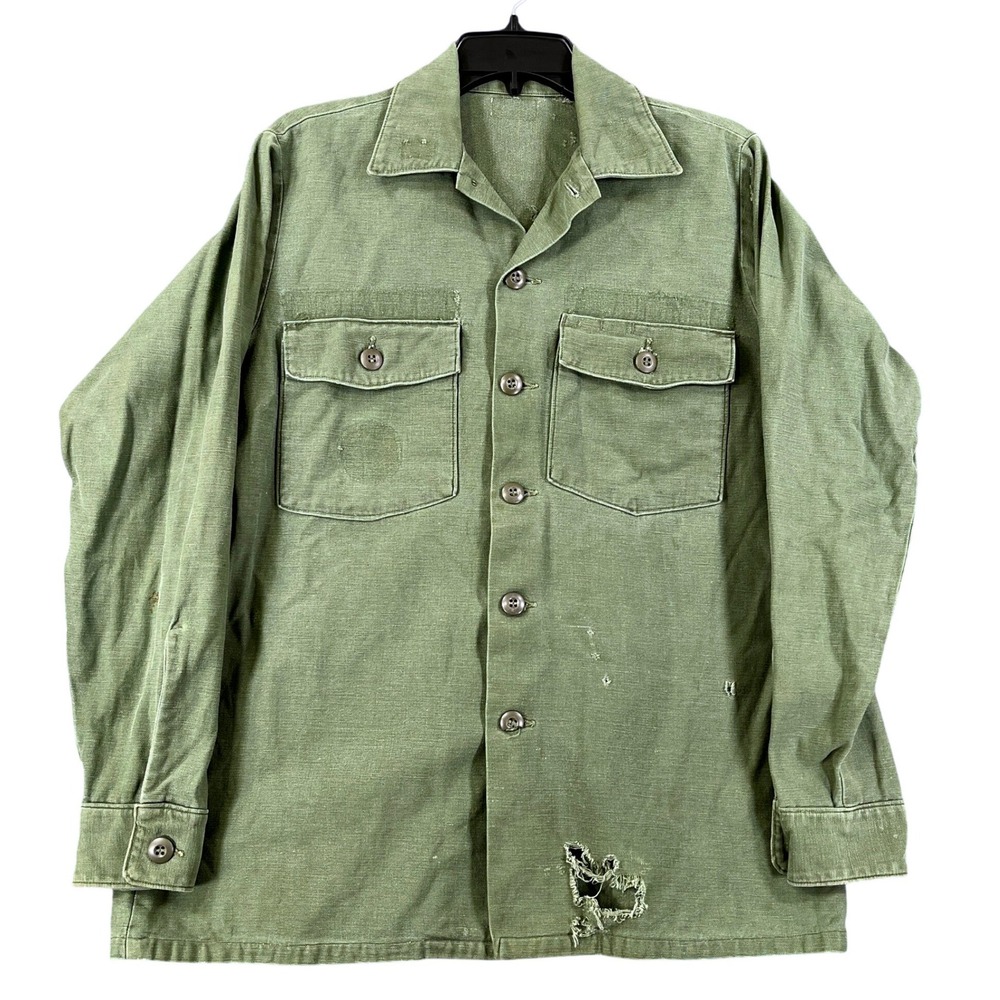 Vintage 1960s US Military OG-107 Utility Shirt Mens L Olive Drab Cotton Sateen